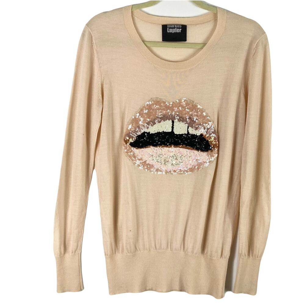 NWOT MARKUS LUPFER Sweater S Cream Sequin-Lips-Appliqué Long-Sleeve Merino-Wool